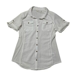 Cavalini Slimming Fit Soft Light Button Down Shirt Cuff Sleeve White Size Large